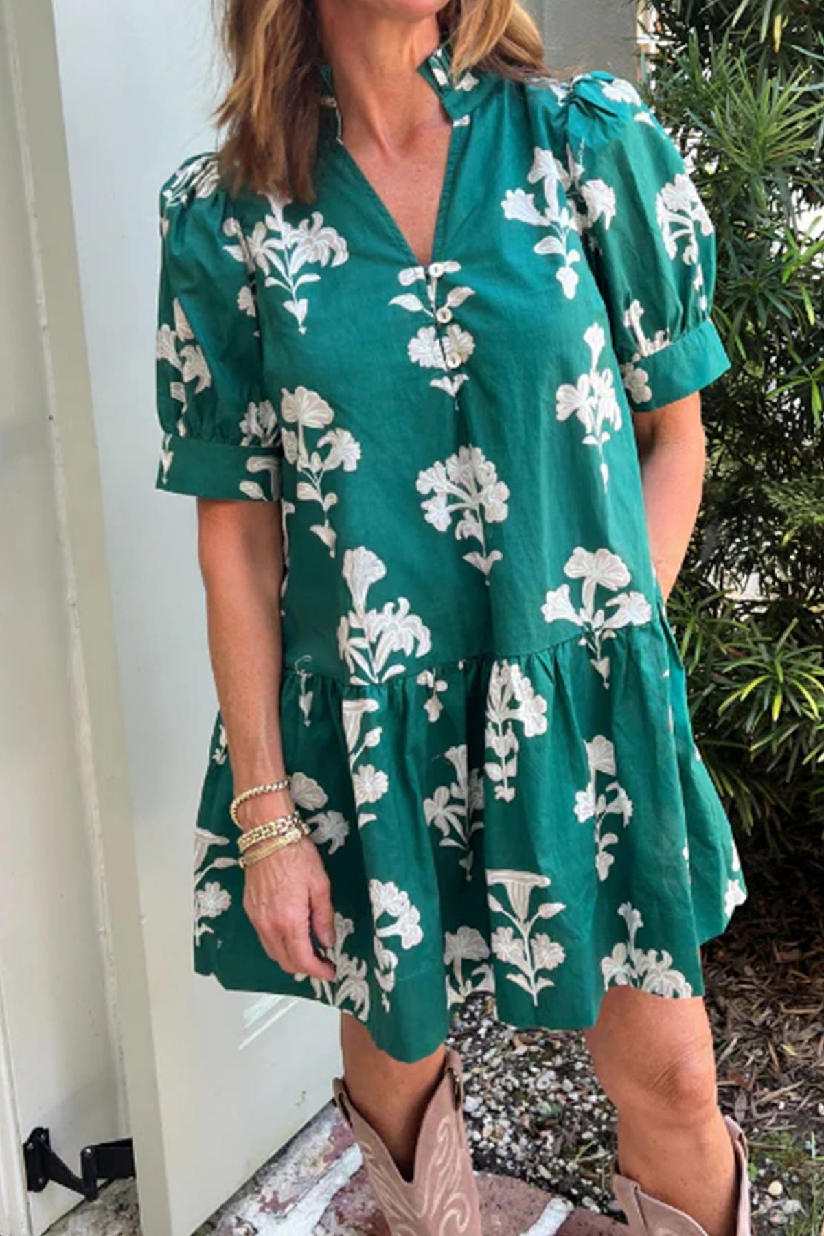 KaleaBoutique Comfortable Frilled V Neck Puff Short Sleeve Floral Mini Dress - KaleaBoutique.com