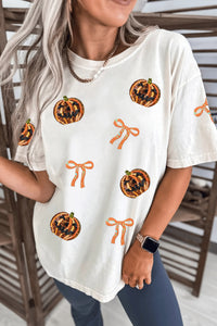 White Sequin Pumpkin Face & Bow Halloween Graphic Tee - KaleaBoutique.com