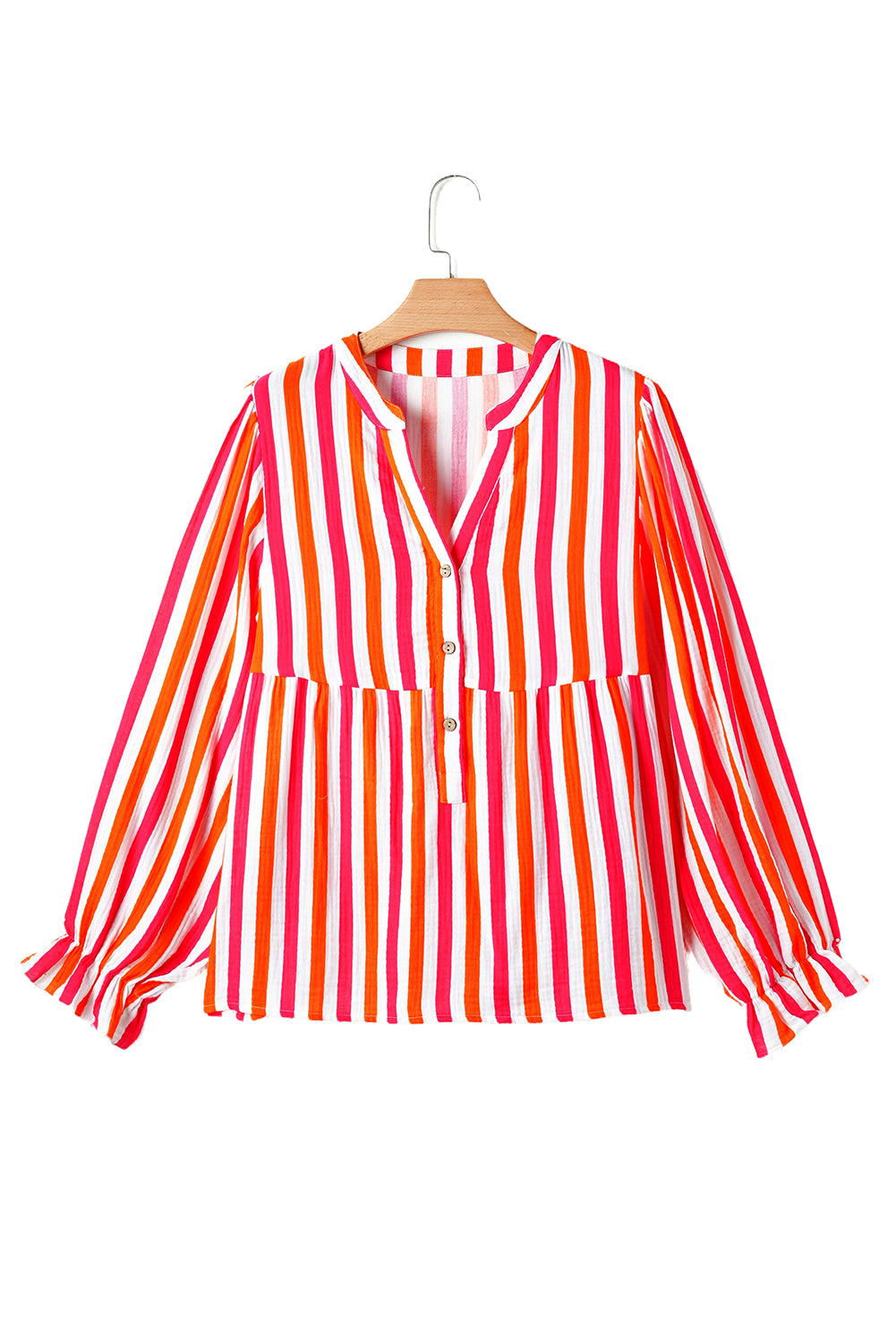 KaleaBoutique Stylish Balloon Sleeve Notched V Neck Buttoned Front Blouse - KaleaBoutique.com