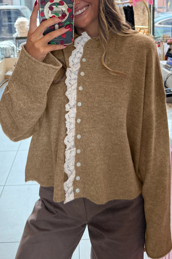 KaleaBoutique Comfortable Contrast Frilled Lace Trim Loose Cardigan Sweater - KaleaBoutique.com