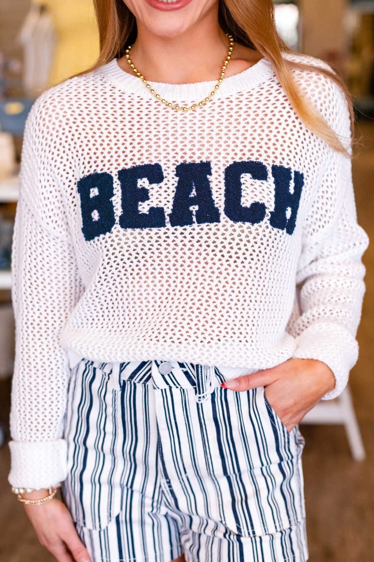 Chenille BEACH Lettering Hollow Out Knit Casual Sweater - KaleaBoutique.com