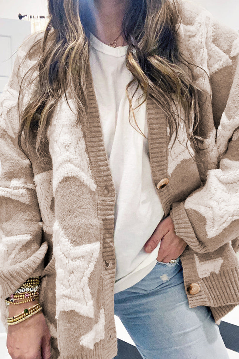 KaleBoutique Stylish Sherpa Star Pattern Textured Sweater Cardigan with Pockets - KaleaBoutique.com