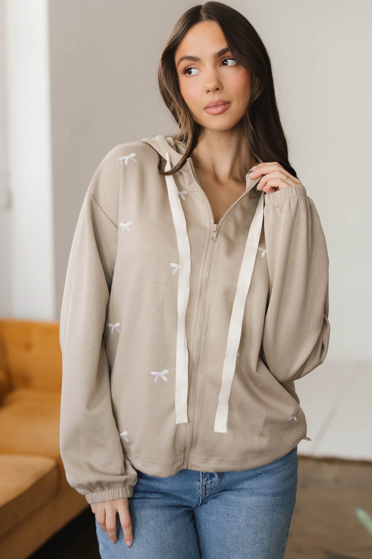 Contrast Bow Embroidered Zip Up Jacket Hoodie - KaleaBoutique.com