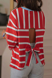 KaleaBoutique Stylish Striped Bow Tie Hollowed Back 7/8 Sleeve Casual T-Shirt - KaleaBoutique.com