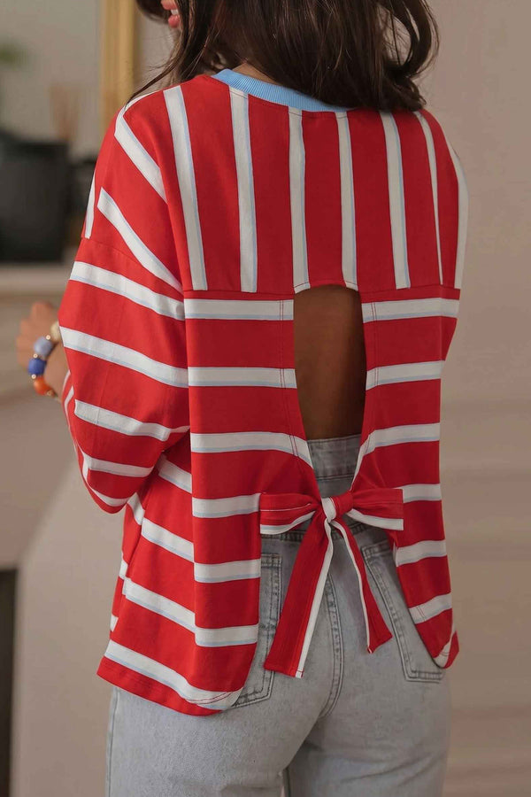 KaleaBoutique Stylish Striped Bow Tie Hollowed Back 7/8 Sleeve Casual T-Shirt - KaleaBoutique.com