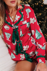 KaleaBoutique Comfortable Christmas Fashion Print Contrast Ruffle Trim Ribbon Bow Knot 2pcs Pajama Set - KaleaBoutique.com