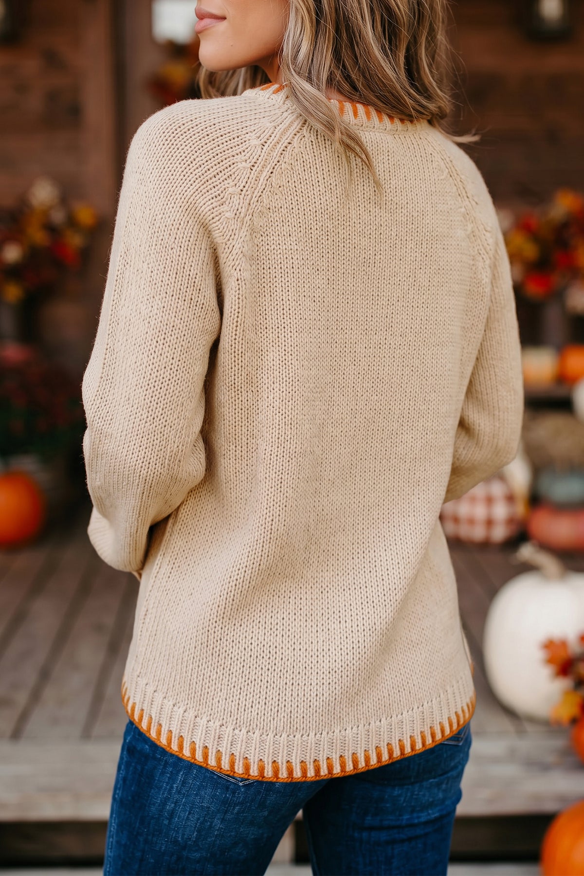 Floral Embroidery Pumpkin Long Sleeve Round Neck Sweater - KaleaBoutique.com