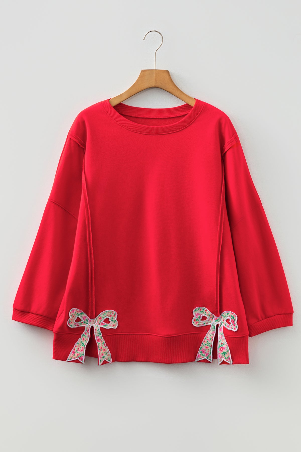 Floral Bow Patched Exposed Seam Patchwork Slit Baggy Sweatshirt - KaleaBoutique.com