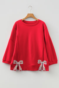 Floral Bow Patched Exposed Seam Patchwork Slit Baggy Sweatshirt - KaleaBoutique.com