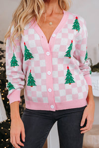 KaleaBoutique Comfortable Checkered Christmas Tree Pattern Button V Neck Cardigan Sweater - KaleaBoutique.com
