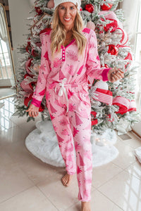 KaleaBoutique Stylish Christmas Tree Print V Neck Buttoned Pullover and Drawstring Pants Lounge Set - KaleaBoutique.com