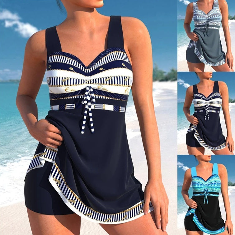 Women's Nautical Stripe Swim Dress and Shorts 2 PC Tankini Set - KaleaBoutique.com
