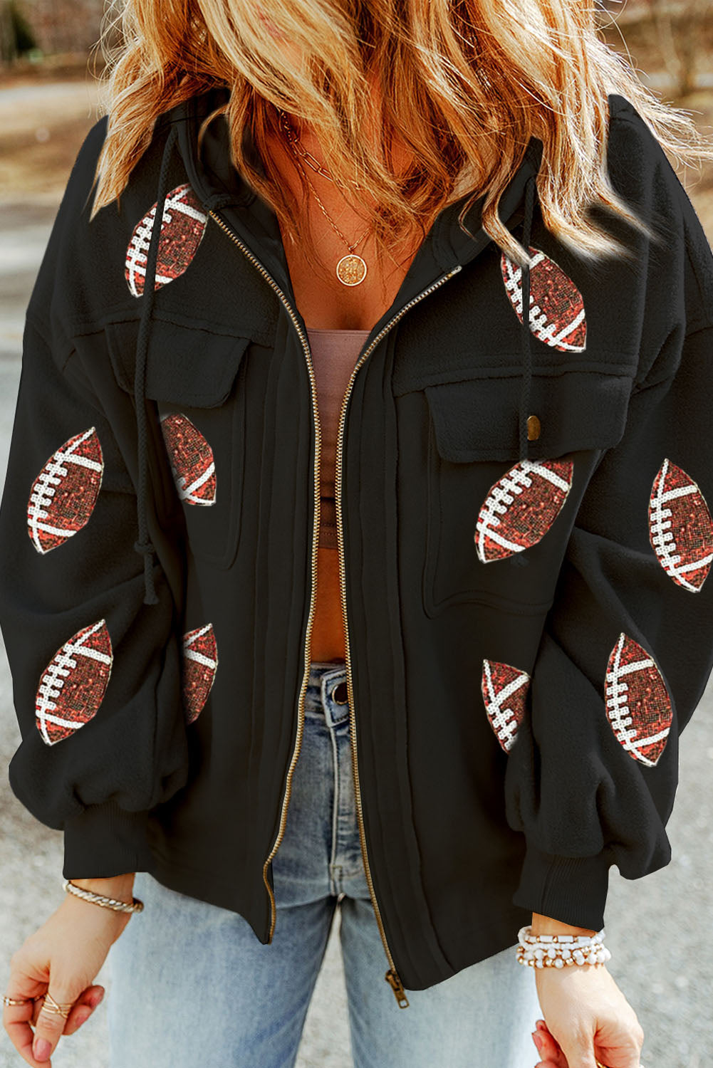 KaleaBoutique Sequined Rugby Football Pattern Pocketed Zipper Hooded Jacket - KaleaBoutique.com
