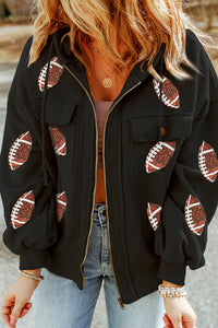 KaleaBoutique Sequined Rugby Football Pattern Pocketed Zipper Hooded Jacket - KaleaBoutique.com