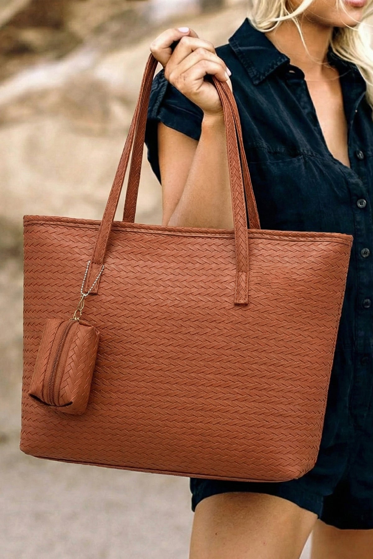 Cinnamon Leatherette Woven Tote Bag with Detachable Pouch - KaleaBoutique.com