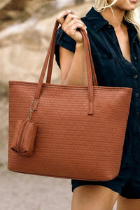 Cinnamon Leatherette Woven Tote Bag with Detachable Pouch - KaleaBoutique.com