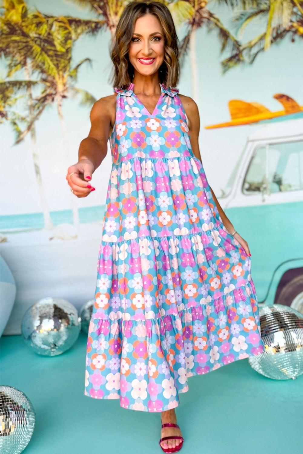Floral Print Frilly Neck Sleeveless Tiered Maxi Dress - KaleaBoutique.com