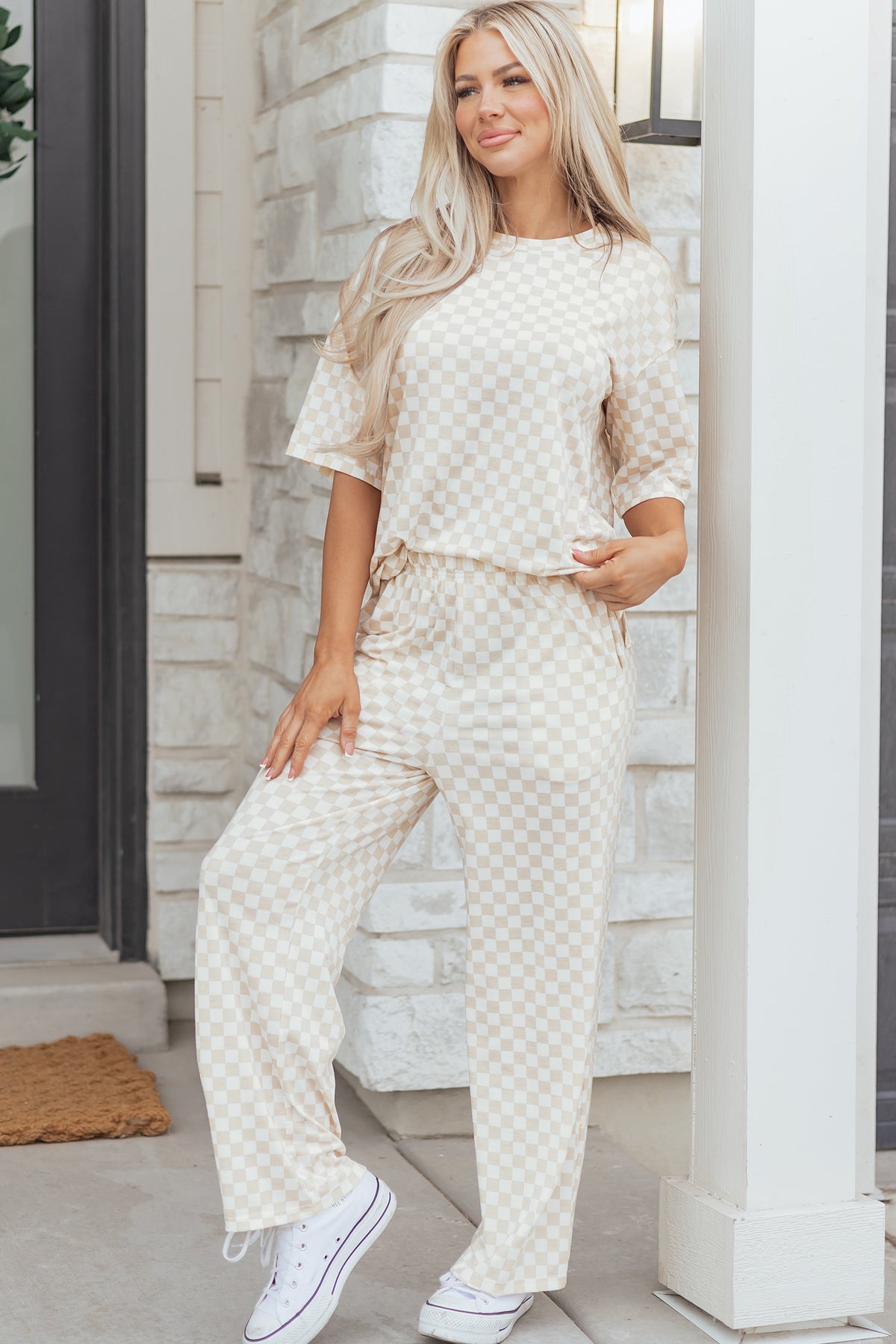 KaleaBoutique Comfortable Checkered Print Half Sleeve Tee 2pcs Lounge Pant Set - KaleaBoutique.com