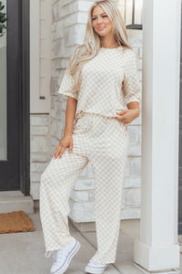 KaleaBoutique Comfortable Checkered Print Half Sleeve Tee 2pcs Lounge Pant Set - KaleaBoutique.com