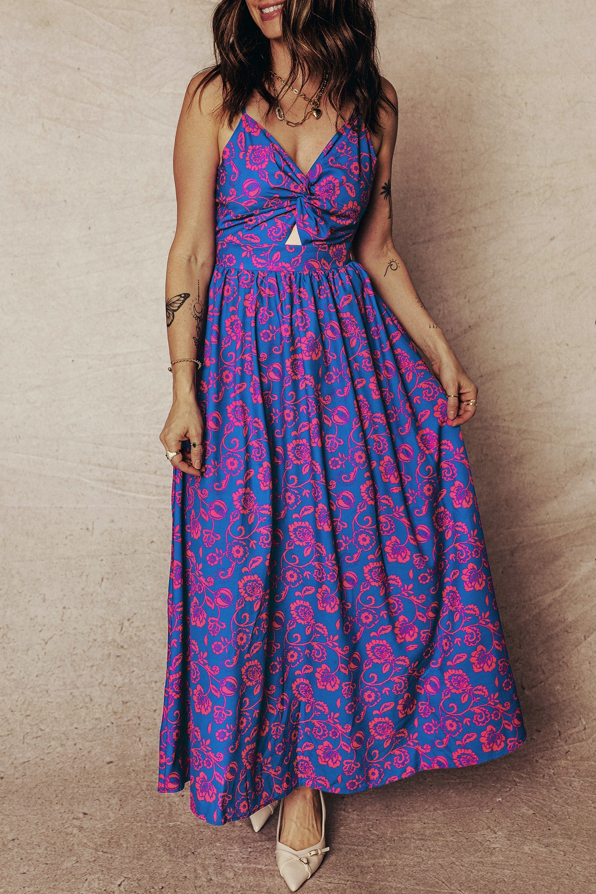 KaleaBoutique Stylish Floral Print Twisted V Neck Tied Backless Maxi Dress - KaleaBoutique.com