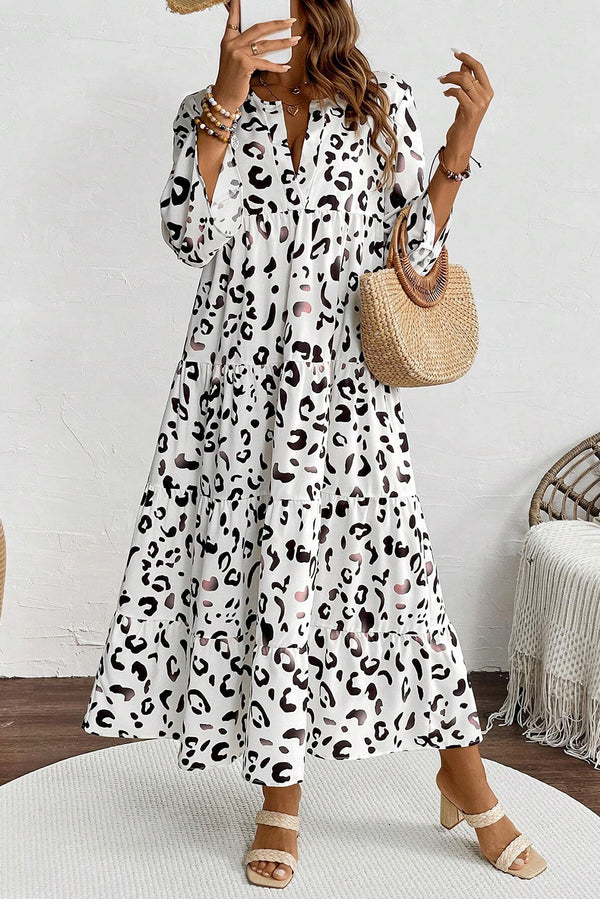 KaleaBoutique Leopard Print Notch V Neck Loose Fit Maxi Dress - KaleaBoutique.com