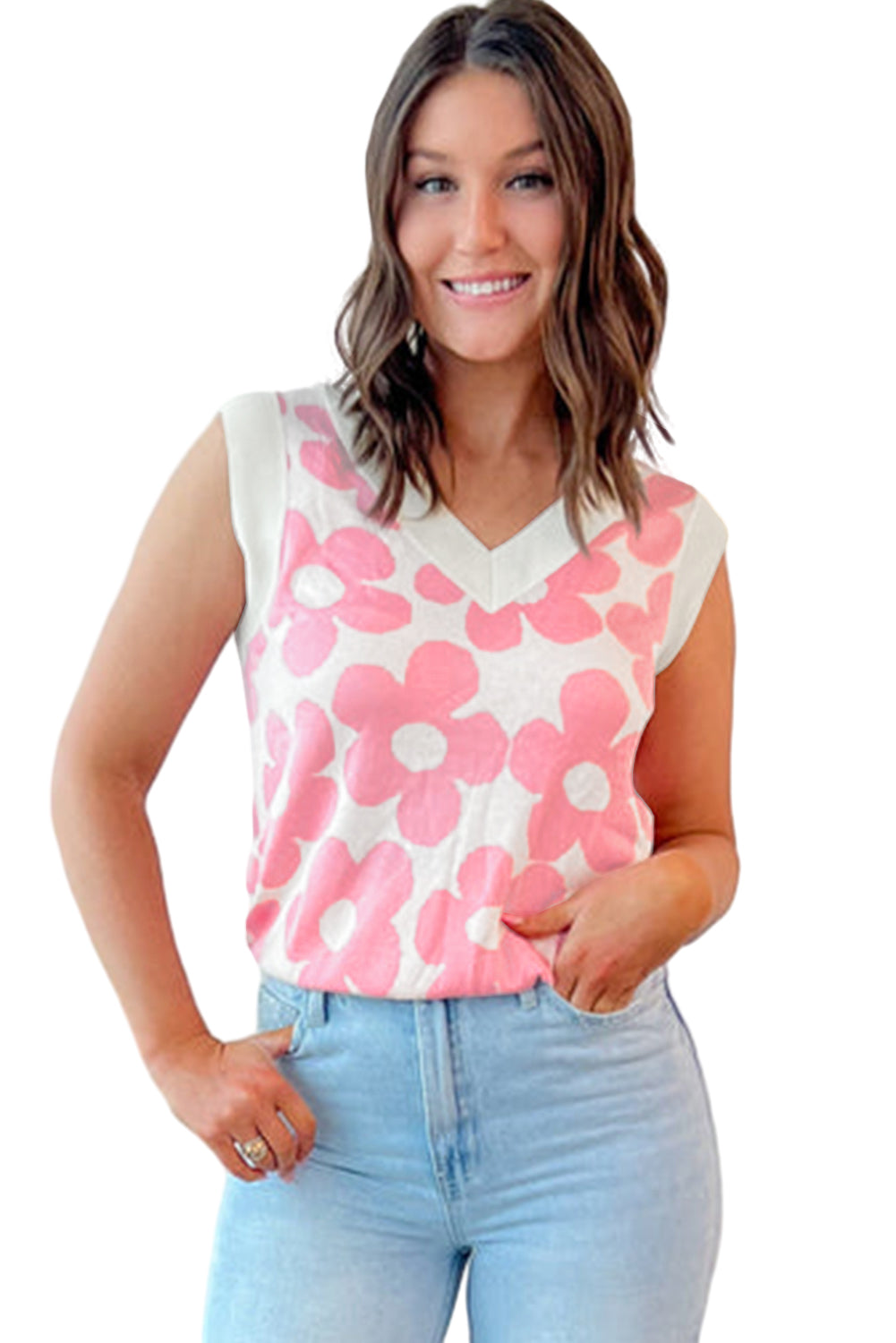 Cute Flower Knitted V Neck Tank Top - KaleaBoutique.com