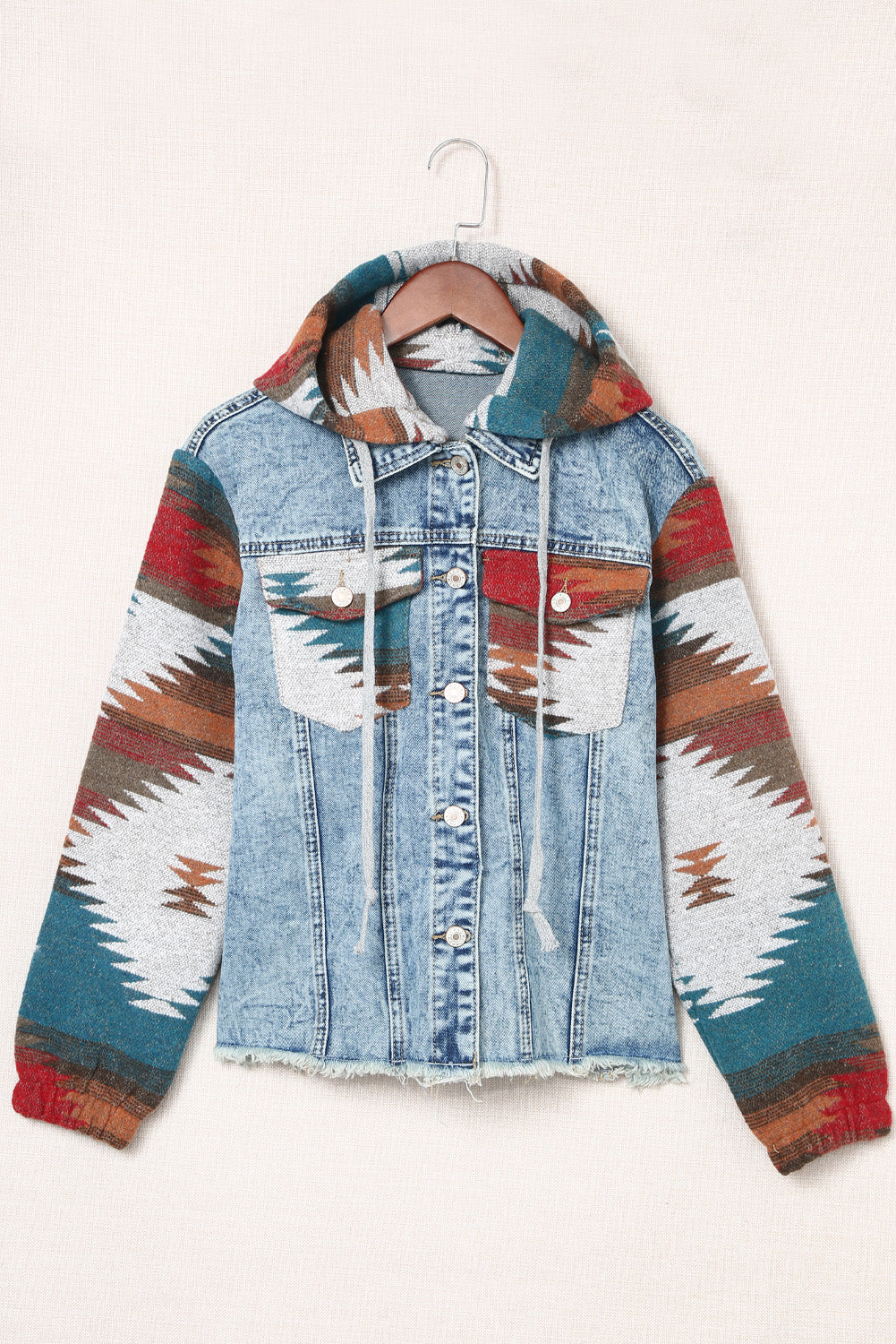 KaleaBoutique Stylish Aztec Print Frayed Hem Denim Jacket - KaleaBoutique.com