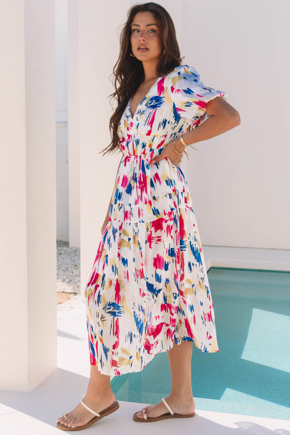 KaleaBoutique Stylish Abstract Print Short Puff Sleeve Tiered Maxi Dress - KaleaBoutique.com