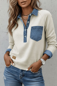 KaleaBoutique Stylish Denim Collar Patchwork Long Sleeve Pullover Top - KaleaBoutique.com