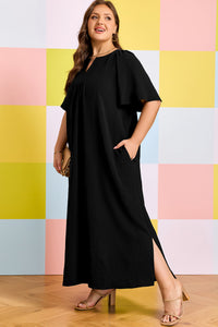 Black Plus Size Notched-Neck Short Sleeve Relaxed Dress - KaleaBoutique.com
