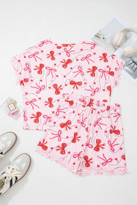 KaleaBoutique Stylish Romantic Bow Print Loose Tee Drawstring Shorts 2pcs Lounge Set - KaleaBoutique.com
