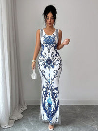 Women's Porcelain-Print Scoop-Neck Side-Slit Maxi Dress - KaleaBoutique.com
