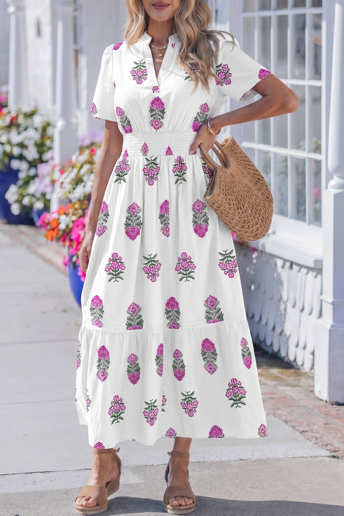 KaleaBoutique Stylish Floral Print Split Neck Shirred High Waist Ruffle Hem Maxi Dress - KaleaBoutique.com