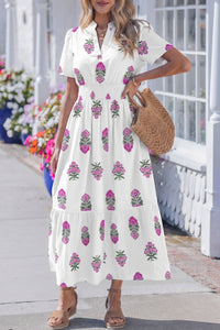 KaleaBoutique Stylish Floral Print Split Neck Shirred High Waist Ruffle Hem Maxi Dress - KaleaBoutique.com