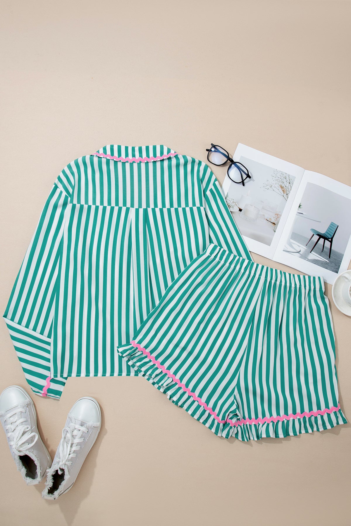 KaleaBoutique Stylish Contrast Ricrac Trim Long Sleeve Shirt Drawstring Ruffled Pajama Short Set - KaleaBoutique.com