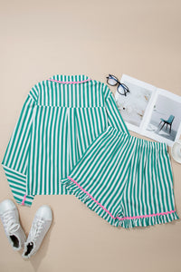 KaleaBoutique Stylish Contrast Ricrac Trim Long Sleeve Shirt Drawstring Ruffled Pajama Short Set - KaleaBoutique.com