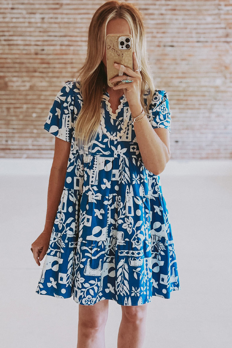 KaleaBoutique Ricrac Trim Split Neck Floral Loose Dress - KaleaBoutique.com