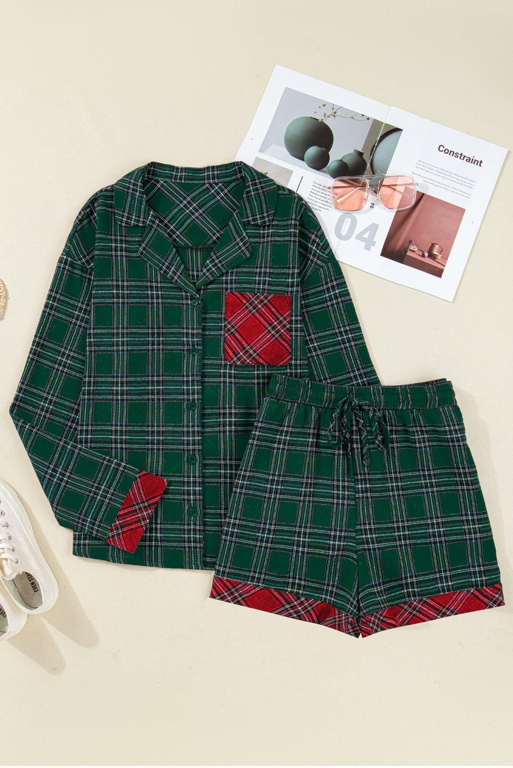 KaleaBoutique Comfortable Plaid Contrast Patched Christmas Holiday Long Sleeve Shirt and Short 2pcs Pajama Set - KaleaBoutique.com