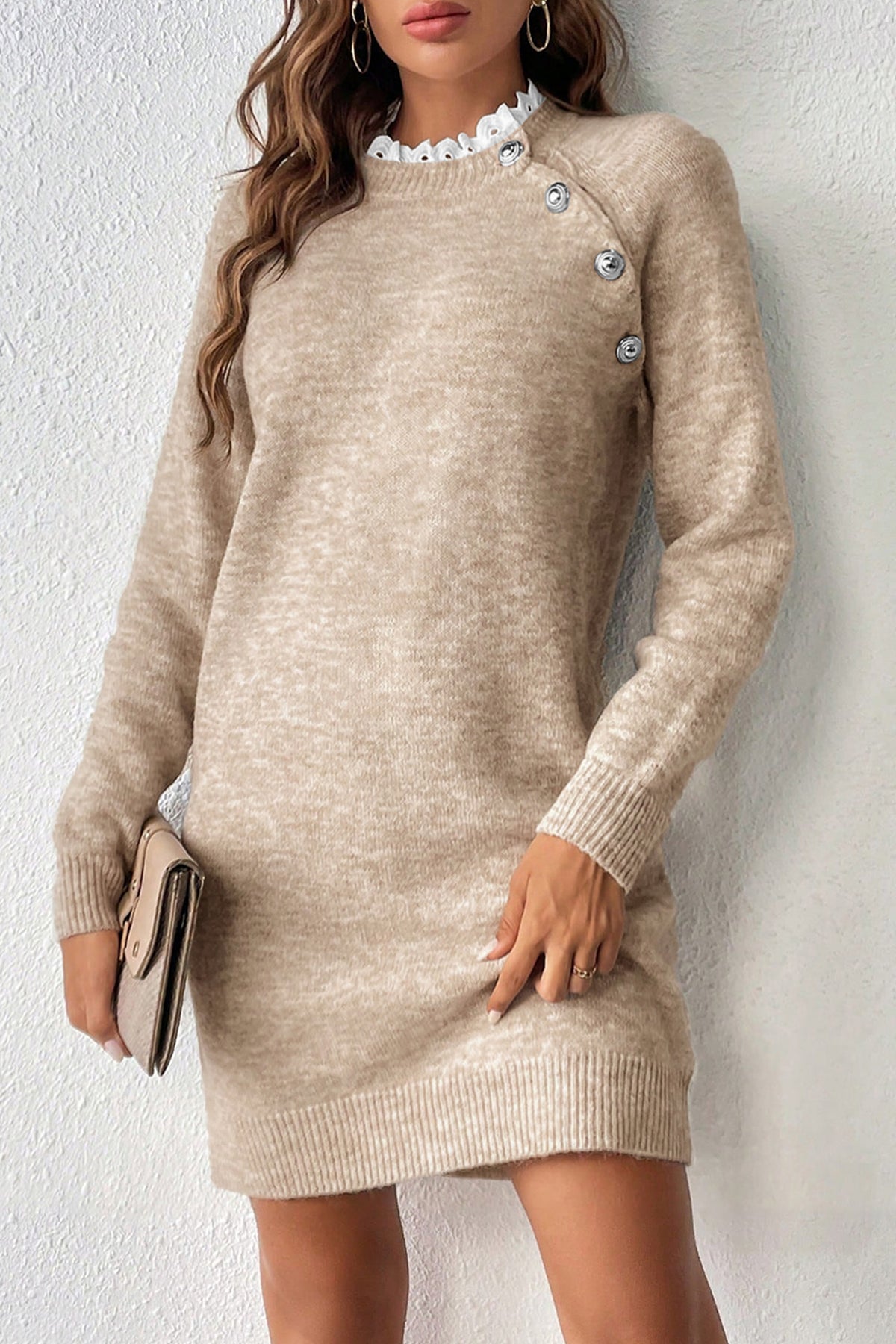 KaleaBoutique Stylish Button Lace Detail Raglan Sleeve Shift Mini Sweater Dress - KaleaBoutique.com