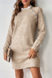 KaleaBoutique Stylish Button Lace Detail Raglan Sleeve Shift Mini Sweater Dress - KaleaBoutique.com