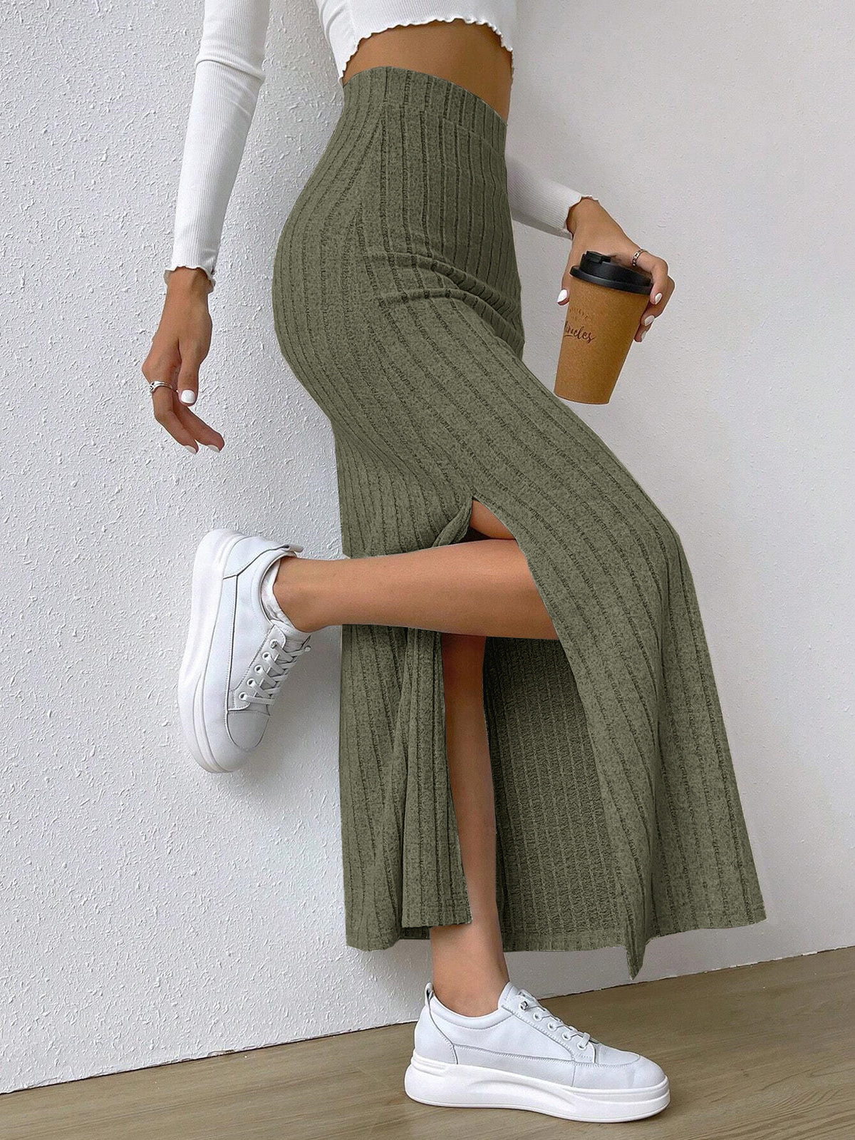 Spring Long Skirt High Waist Side Slit Slim Fit Knitted Women's Dress - KaleaBoutique.com
