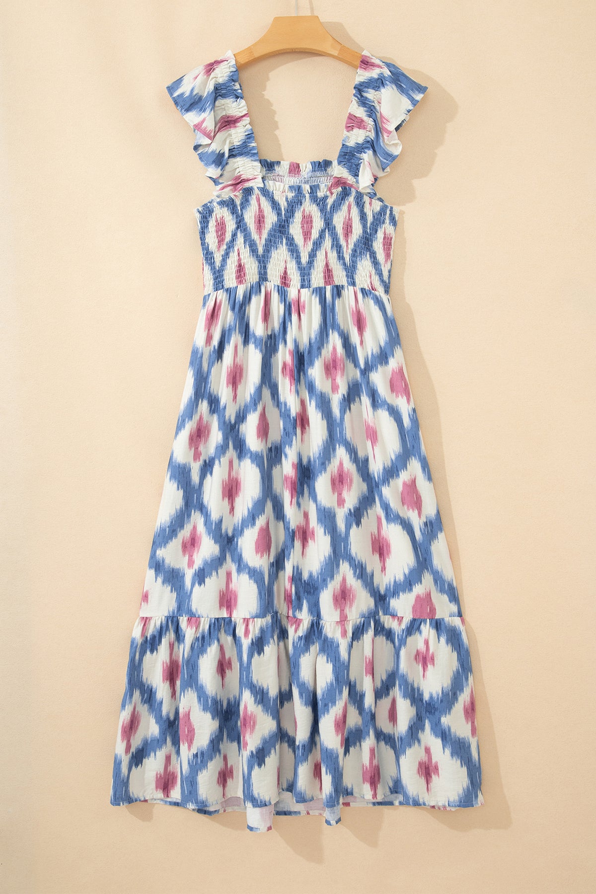 KaleaBoutique Stylish Ethnic Geometric Print Square Neck Smocked High Waist Ruffle Sleeve Dress - KaleaBoutique.com