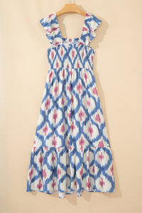 KaleaBoutique Stylish Ethnic Geometric Print Square Neck Smocked High Waist Ruffle Sleeve Dress - KaleaBoutique.com