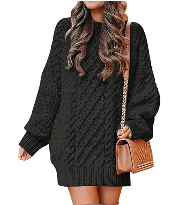Women's Round-Neck Cable-Pattern Balloon-Sleeve Sweater Dress - KaleaBoutique.com