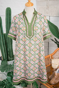 KaleaBoutique Stylish Boho Geometric Flower Print Short Sleeve Loose Mini Dress - KaleaBoutique.com