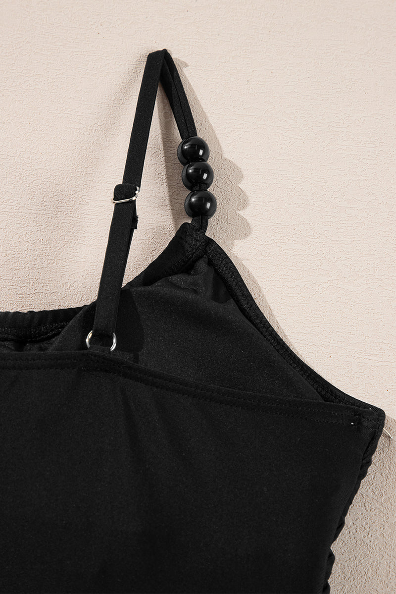KaleaBoutique Beaded Spaghetti Straps Ruched Overlapped Colorblock One Piece Swimsuit - KaleaBoutique.com