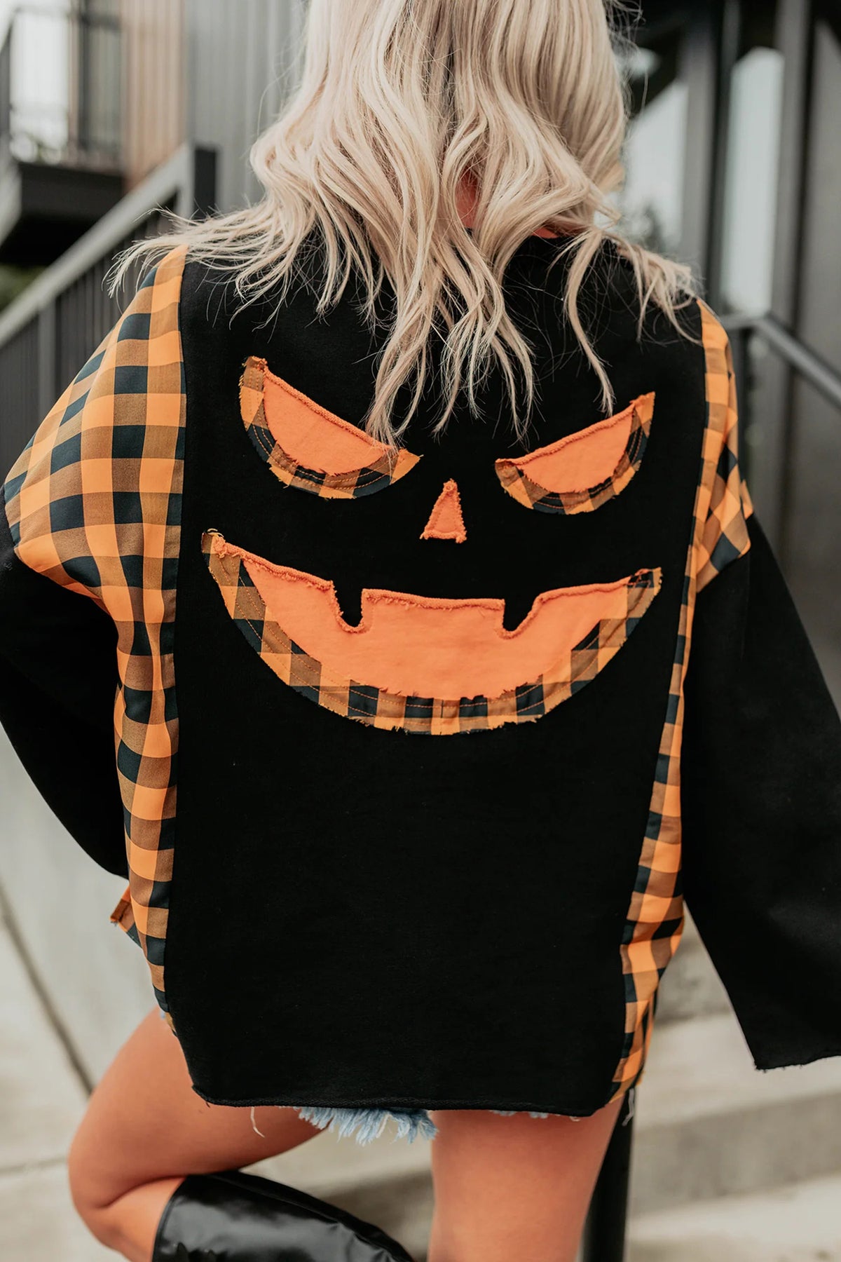 KaleaBoutique Stylish Patchwork Plaid Pumpkin Face Long Sleeve Top - KaleaBoutique.com