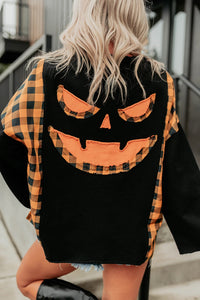 KaleaBoutique Stylish Patchwork Plaid Pumpkin Face Long Sleeve Top - KaleaBoutique.com