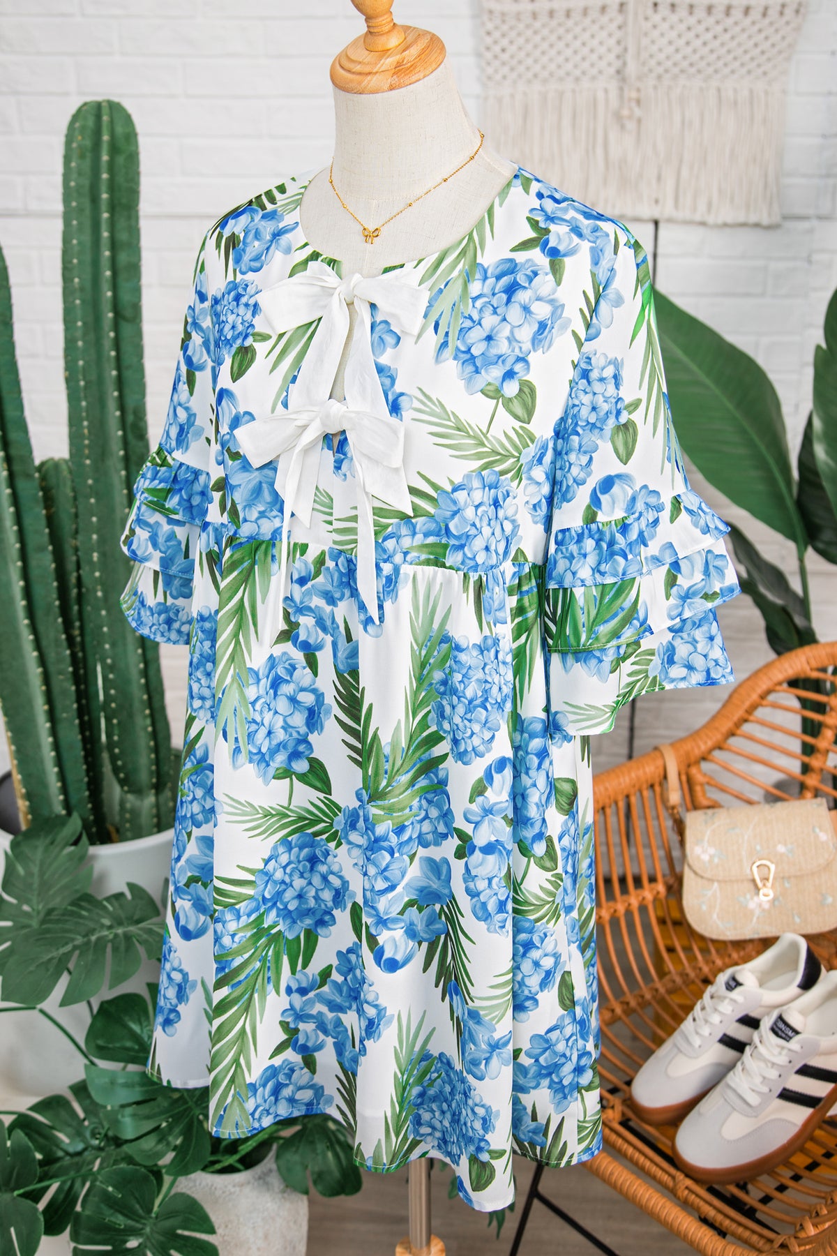 KaleaBoutique Comfortable Palm Floral Print Contrast Ribbon Knot Ruffle Tiered Sleeve Mini Dress - KaleaBoutique.com