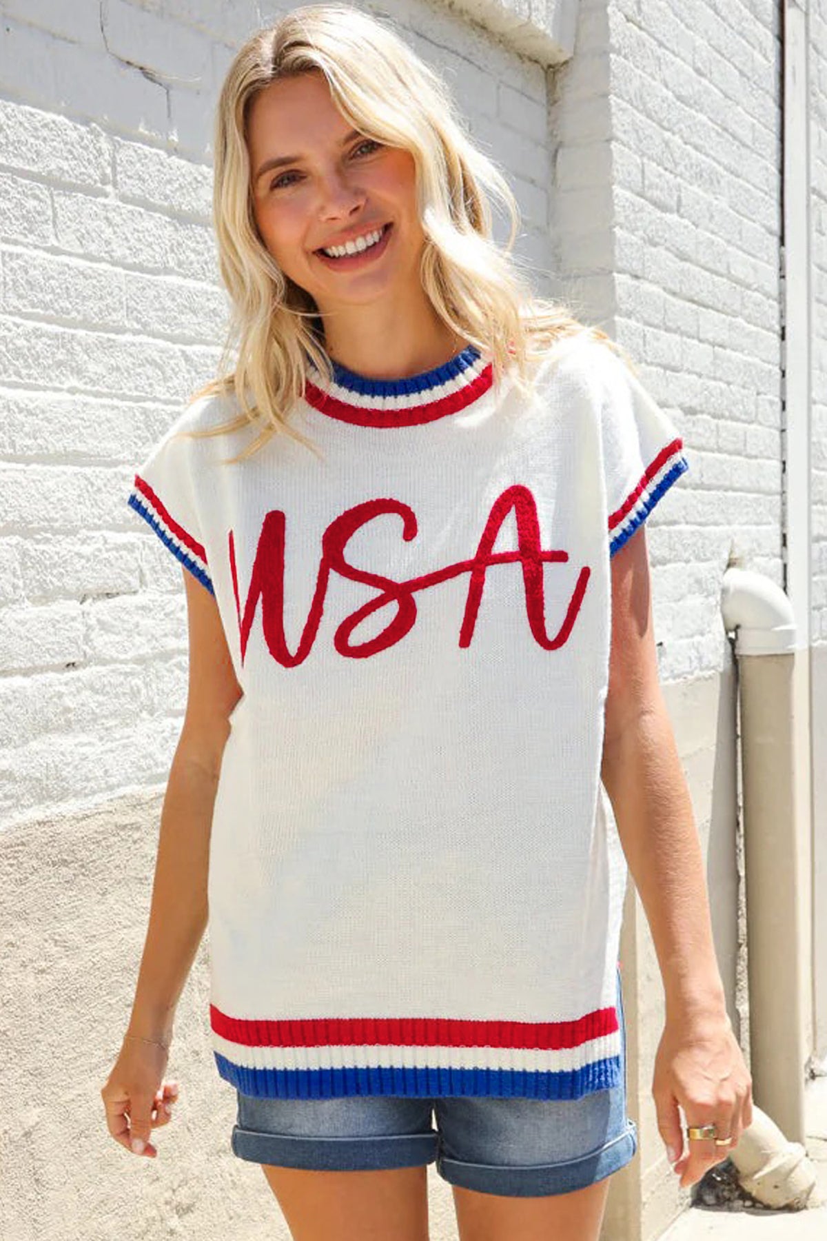 KaleaBoutique Stylish USA Contrast Striped Trim Round Neck Short Sleeve Sweater - KaleaBoutique.com